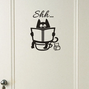 Funny black cat reading on toilet sticker with Shh... text for bathroom door decor