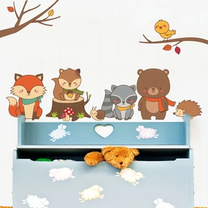 Cartoon forest animals wall stickers featuring a fox, bear, and squirrel for kids' rooms