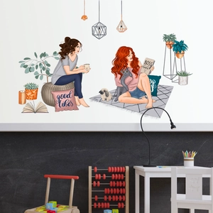 Cartoon creative wall stickers featuring stylish women and pets for girl's room decor