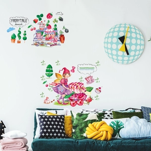 Detailed view of fairytale themed watercolor wall stickers with fairy and magic bench decor