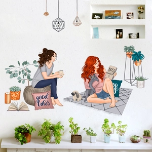 Modern Illustration PVC Wall Sticker Leisure Women Plants Cat Room Decor For Living Room Bedroom Office Removable