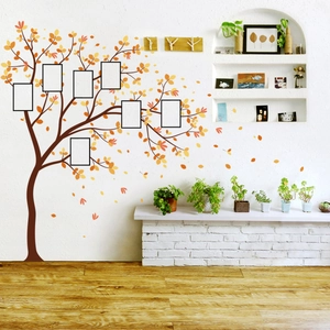 Sticker Mural Arbre Généalogique Design Branches Feuilles d'Automne Avec Cadres Photo Mural en PVC Amovible pour Décoration Maison