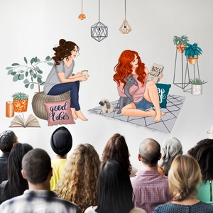 Creative wall sticker featuring stylish women, plants, pets, and good vibes lettering