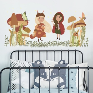 Kids wall stickers with forest girl, fox, and mushrooms in a cozy bedroom setting