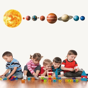 Solar system planet wall stickers displayed in a cozy children's room playroom setting