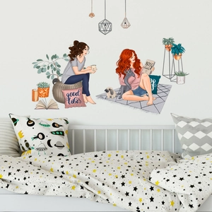 Inspirational wall sticker with women, cats and plants for a cozy home decor