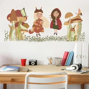 Fairy tale forest wall decals with cartoon girls and mushrooms for kids room decor