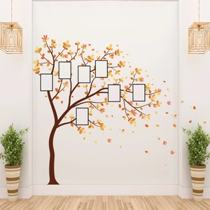 Détail d'un sticker mural arbre d'automne coloré avec sept emplacements de cadres