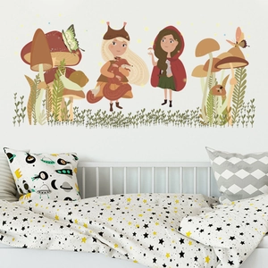 Fairy forest wall decals with cartoon girls and mushrooms for kids room decor