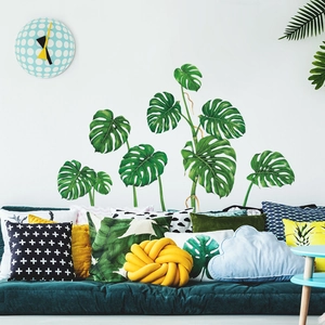 Stickers Muraux Verts Feuilles de Monstera PVC Imperméable Plantes Tropicales Décalcomanies Murales pour Salon Chambre Décoration DIY