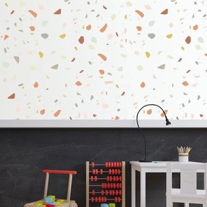 Detail of modern terrazzo wall stickers with colorful stone patterns for home decor