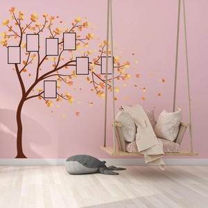 Grand sticker mural arbre photo coloré avec branches brunes et cadres photo intégrés