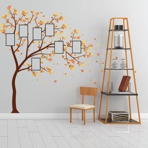 Sticker mural arbre généalogique coloré avec feuilles orange et sept cadres photo déco