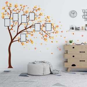 Sticker mural arbre d'automne créatif avec feuilles jaunes et sept cadres photo déco