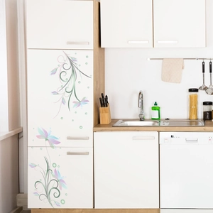Detail showing elegant lavender flower decals on a white refrigerator for home decoration
