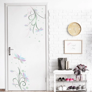 Macaron pink floral wall stickers with green vines on a white wooden door for home decor