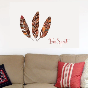Boho style wall stickers with colorful feathers and Free Spirit text for living room