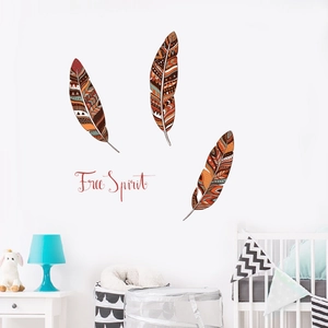 Nordic feather wall decals with Free Spirit text for bohemian home wall decoration