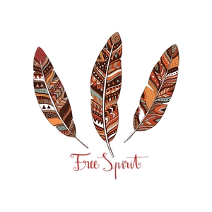 Detail view of Bohemian style feather wall stickers with intricate patterns and Free Spirit text