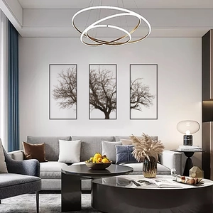 Three-piece modern Nordic grey tree wall art set with minimalist black frames for living room