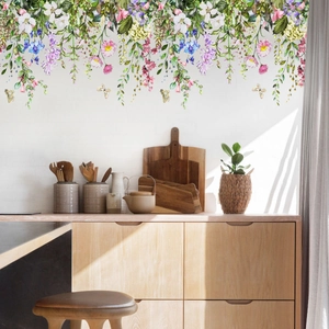 Pastel floral wall decals with wildflowers and butterflies for home kitchen decoration