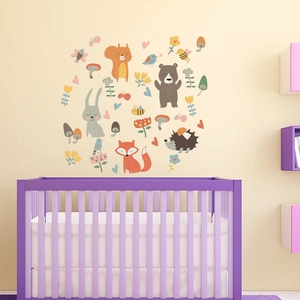 Creative forest animal wall stickers set featuring cartoon fox, bear, and rabbit for kids room