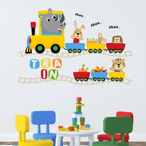 Cartoon animal train wall sticker set for kids room decor with lion and rabbit graphics