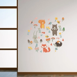 Forest animals wall stickers with fox, bear and rabbit in hand-drawn style for kids room