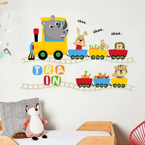 Cartoon animal train wall stickers for kids room featuring rhino and rabbit illustrations