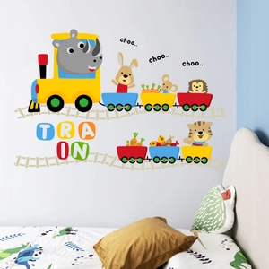Detail of cartoon animal train wall decals with lion and rabbit on white kids room wall
