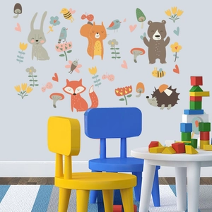 Cartoon forest animals wall stickers for kids room decor featuring bears and foxes