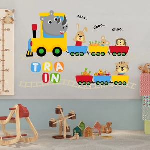 Colorful cartoon animal train wall stickers for nursery decor featuring lion and rabbit