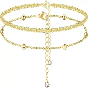 Bohemian Stainless Steel Gold Silver Layered Anklet Set For Women Heart Leaf Zirconia Rhinestone Beach Jewelry Anklet