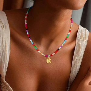 Bohemian Bunte Glasperlen Halskette Für Damen Edelstahl 18K Vergoldet Anfangsbuchstabe A-Z Anhänger Halskette Schmuck