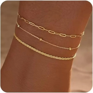 Chic triple-layered gold anklet set featuring paperclip and beaded chain for women