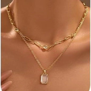Layered Gold Stainless Steel Paperclip Chain Necklace With Rectangle Zirconia Pendant Elegant Jewelry For Women Party Prom