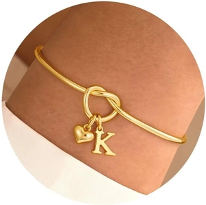 Bracciale Rigido In Acciaio Inossidabile Con Nodo Cuore E Ciondolo Lettera Iniziale Oro Minimalista Regolabile Gioielli Donna