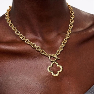 Damen 304 Edelstahl Grobe Halskette 16K Vergoldet Gehämmerte Herz Kreuz Kleeblatt Anhänger Knebelverschluss Hip Hop Schmuck