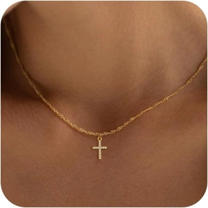 Collana con Pendente a Croce in Acciaio Inossidabile Placcato Oro Con Zirconia Rame Catena a Corda Regolabile Donna