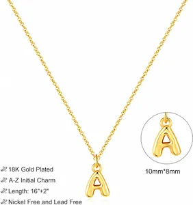 Detail of 18K gold plated bubble initial necklace with hypoallergenic A pendant