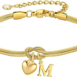 18K Verguld Koperen Slangenbotketting Armband Voor Vrouwen Liefdesknoop Hart Hanger A-Z Initialen Letter Verstelbare Sieraden