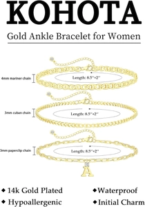 Close-up of 14k gold plated anklet set with sailor, cuban and paperclip chain details