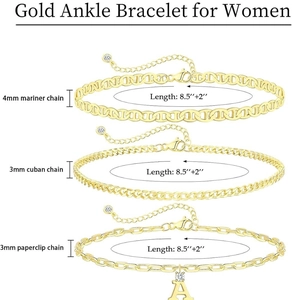 Three-style set of gold double-layered anklets with mariner, cuban, and paperclip chains