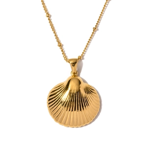 Gold stainless steel scallop shell pendant necklace with delicate beaded chain