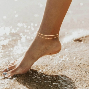Double Layer Stainless Steel Anklet For Women 14K Gold Plated Snake Chain Bead Chain Waterproof Tarnish Free Summer Beach Jewelry
