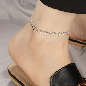 Minimalist silver steel anklet with multiple polished square pendants on a delicate chain