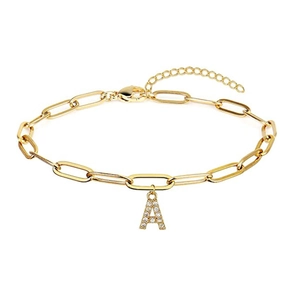 Fashion Gold Plated Stainless Steel Paperclip Chain Initial Letter Pendant Bracelet Rhinestone Inlaid Jewelry For Women