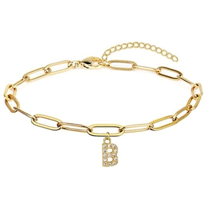 Gold paperclip chain bracelet with rhinestone-studded letter B pendant for women