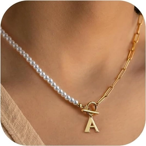 Splicing Artificial Pearl Paperclip Chain Necklace For Women Copper Gold Plated Big Alphabet Letter Pendant Toggle Clasp Jewelry