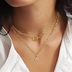 Fashion Stainless Steel Paperclip Chain Layered Necklace With Copper Zirconia Initial Letter Pendant Toggle Clasp Gold Jewelry